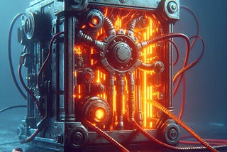 a glowing mechanical box with a few thick wires loosely plugged into it, industrial cyberpunk
