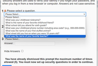 A list of security questions which all ask questions related to childhood