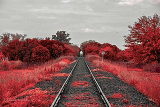 Stardust, a mythical land completely doused in red. The Lunatic view is of a railroad track with red trees and grass surrounding it.