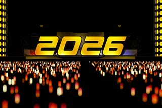 Spectacular New Year 2026 celebration stage with stunning 3D golden text display. Massive concert arena featuring dramatic blue laser beams, illuminated yellow light pillars, and thousands of colorful bokeh lights from the enthusiastic crowd. This futuristic stage production showcases cutting-edge lighting design and immersive atmosphere, perfect for celebrating the arrival of 2026 in grand style.