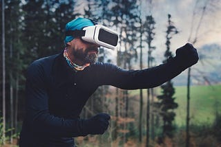 An old man wearing a VR glass working out in the forest.