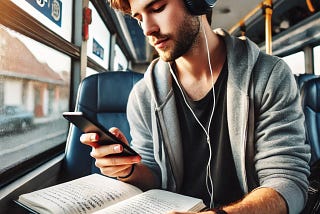 A student practicing listening to native English speakers on a bus