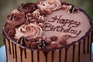 A chocolate frosted cake with rosettes saying “happy birthday”