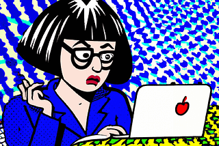 A roy lichtenstein-style painting of an agony aunt with dark bobbed hair and glasses writing an answer to someone’s problems on a macbook