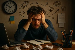 A frustrated man sits at a cluttered desk with his head in his hands, surrounded by crumpled paper and open notebooks, while chaotic arrows, doodles, and symbols swirl behind him on the wall — symbolizing mental overload, ADHD, and the paralysis of trying to function under pressure.