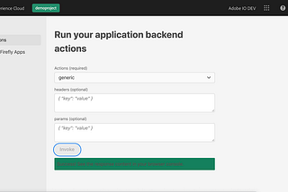 Invoking a generic backend Runtime action for a Project Firefly application in an automatically generated UI template.