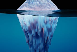 A luminescent iceberg sits in bright blue water in front of a pitch black sky. The iceberg is scattered with hues of lavender and pastel pinks.