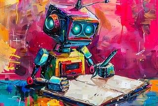 A colourful illustration of a robot writing in a blank notebook.