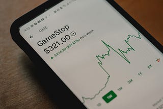 A screen from Robinhood, showing a graph of when GameStop was rising