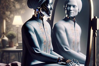Robotic woman sees herself reflected as a child