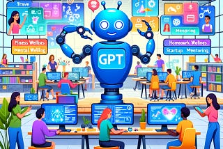 illustration that depicts a digital workshop with diverse individuals engaged in creating custom GPT models. This image should complement the theme of your writing, showcasing the intersection of technology, creativity, and the myriad applications of custom GPTs in various aspects of daily life.