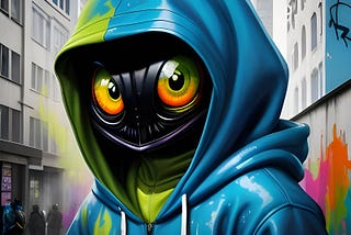 A tar-black alien with orange-green eyes in a blue hoodie blending in amongst the downtown crowds