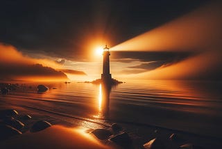 A serene beach landscape at sunset with the golden-orange hues of the setting sun reflecting on calm waters. A solitary lighthouse stands in the foreground, silhouetted against the twilight, its beam of light shining brightly. In the distance, a thick fog rolls in from the sea, symbolizing challenges and uncertainty, while the lighthouse represents guidance and hope amidst adversity. Artwork produced by Mark Havens.