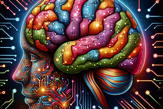 An intricately detailed human brain with colorful circuit patterns seamlessly integrated, symbolizing the intersection of AI and mental health.