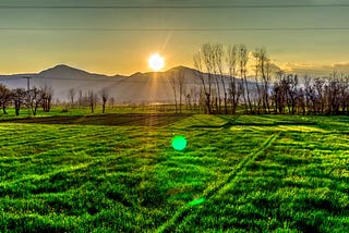 Sun coming up over a field with mountains in the distance.