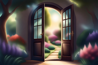 Illustration of an open door in a flower garden