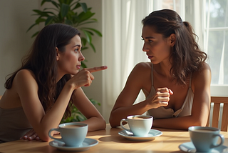 Two ladies arguing, one is accusing, the other is defensive