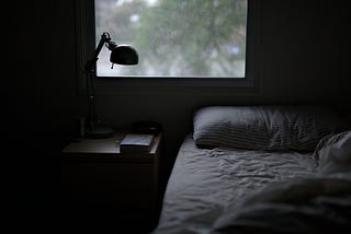 dark shot of a bedroom with one side of the bed empty and a nighttand and book on the left side. the trees and light in the window are lighting up the room