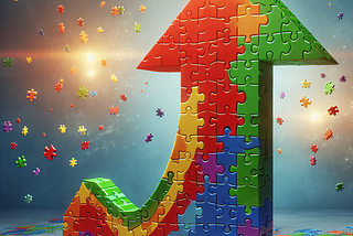 A vibrant and dynamic upward arrow constructed from colorful puzzle pieces.