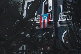 Dark, lush vegetation fills the bottom half of the image. In the background a Puerto Rican flag hangs from a second story balcony of a white building in San Juan.