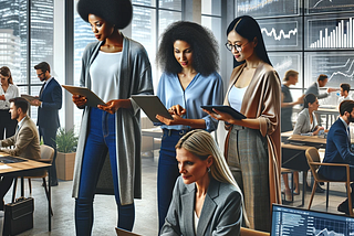 A digital art image showing three women of different ethnicities (Caucasian, African, Asian) sitting around a glass table in a modern office setting, each with digital tablets and sales charts in front of them. They are actively engaged in a discussion, pointing at the data on their screens. The office has large windows revealing an urban landscape, and the table is surrounded by promotional materials and product prototypes. The atmosphere is dynamic and professional