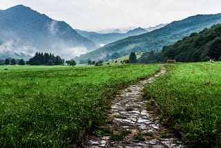 An inviting dirt path weaves its way through a field of green grass towards nearby trees and misty mountains in the distance.