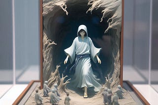 figure emerging from a display case