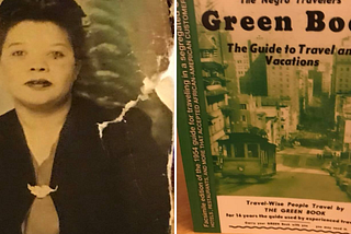 A black woman’s photo next to a copy of a Green Book Guide for Negro Motorists