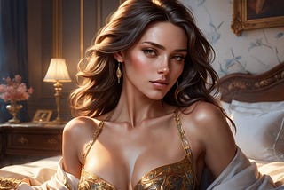 A gorgeous brunette with flowing long brown hair, baring the top half of her body, and looking seductively at the camera.