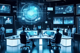 A futuristic command center with multiple screens displaying dynamic digital marketing analytics, diverse professionals discussing strategies, with holographic projections of social media stats and trends in a sleek, modern office.