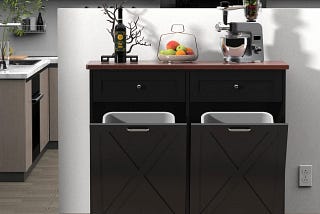 Farmhouse-style kitchen trash cabinet with dual tilt-out doors and pet-proof design | Image