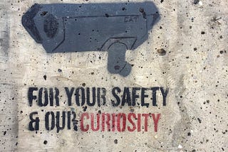 A graphiti of a surveillance camera, with the writing “For your safety & our curiosity” underneath