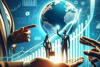 Create a high-quality image set against a bright, vibrant background. The picture should ideally grab the viewer's attention with dynamic and captivating elements. The composition should highlight a business growth chart leading upwards, symbolizing success. A 3D rendering of a globe should be present, indicating global outreach. Introduce human elements such as hands of a Caucasian woman wearing a business suit are holding the globe and a South Asian man in a business suit pointing at the growth chart. Make sure the image evokes a sense of professionalism, achievement, and is appealing to a marketing audience.