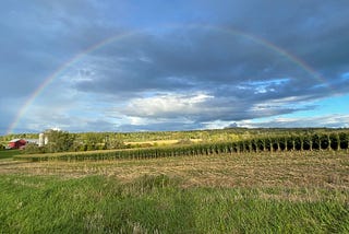 Decorative image of a farm with a rainbow