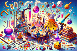 Generated image base on the partical prompt: incorporating elements of randomness such as dice and tarot cards, visually represents the “collabracadabra” concept. It combines teamwork, science, and fun with a hint of unpredictability, creating a dynamic and engaging scene.