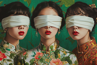 Remove your blindfold of inattention and learn these uncommon but powerful MidJourney V6 prompting tricks with me! a portrait of three women with a white blindfold covering her eyes, in the style of chinese cultural themes, photorealist details, green background, uniformly staged images, graphic novel-inspired, futuristic victorian, mysterious mood — ar 16:9 — style raw — v 6.0 AI image created on MidJourney V6 by henrique centieiro and bee lee