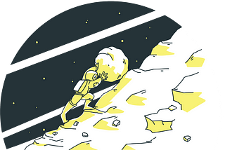 An astronaut pushing a large round boulder up a hill, like in the myth of Sisyphus. In the backkground, a dark sky with stars.