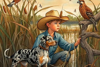 Young Cajun boy in straw hat in a Louisiana wetland marsh with his Catahoula Leopard dog bird watching.