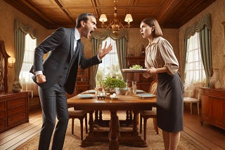A dining room scene featuring a man shouting at a woman who has just served him a plate of food. The man is middle-aged, wearing a business suit, and appears agitated. The woman, also middle-aged, is dressed in a simple blouse and skirt, holding a serving tray with a shocked expression. The background shows a traditional dining room with a large wooden table and chairs, tastefully decorated.