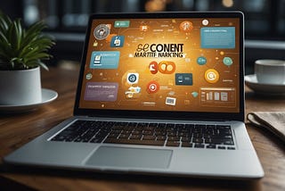 A laptop with a split screen showing “Content Marketing” and “SEO” articles, surrounded by relevant icons and keywords