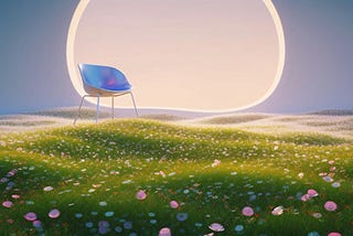 truman show like landscape, blue retro chair, serene flower landscape, wizard of oz like landscape, dillusion