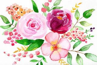 A bouquet of pink flowers and green leaves in watercolor