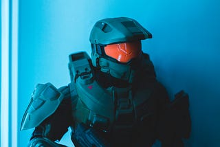 A photograph of a Masterchief figurine from the game Halo.