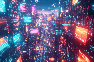 A retro-futuristic scene showcasing web 3.0 as a bustling marketplace filled with neon-lit vendors selling digital currencies and NFTs, set against a backdrop of a starry night.