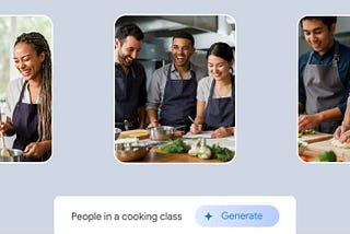 Google’s AI-generated images show people in a cooking class, wearing aprons and preparing food, with a “Generate” button for creation.