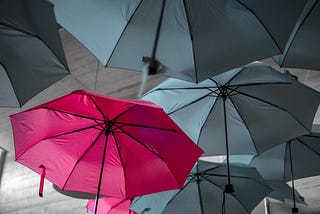 Many gray umbrellas with one red umbrella