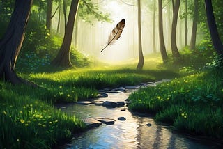 A serene forest clearing with a gentle stream, dappled sunlight, and a single feather floating in the air