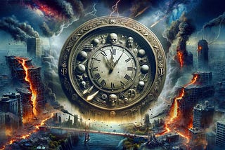 The image depicts an apocalyptic scene dominated by a large, ornate clock with Roman numerals. The clock is surrounded by various symbols and decorations, including skulls and planets. The background shows a city in chaos, with buildings crumbling and lava flowing through massive cracks in the ground. Dark smoke billows from the wreckage, and the sky is filled with lightning and meteors, creating a dramatic and catastrophic atmosphere.