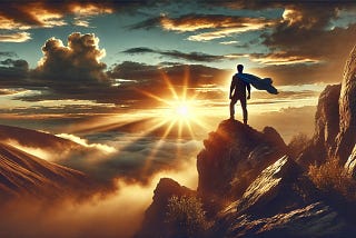 A powerful image of a person standing firmly on a rocky hilltop at dawn, symbolizing courage, determination, and standing up for what is right, with warm light breaking through the clouds, conveying resilience, justice, and moral strength.