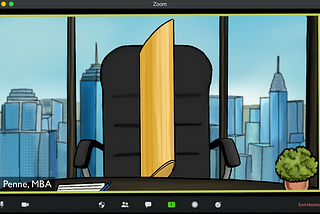Penne pasta on a zoom call with the fancy view from a skyscraper office in the background